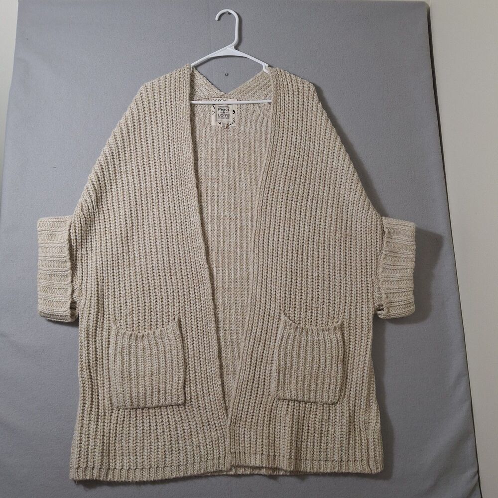 Urban Behavior Peace & Love Chunky Knit Cardigan Womens M Cream Boho Open Front